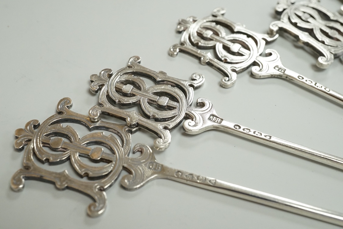 A set of eight Victorian silver game skewers?, with monogram terminals, Jane Brownett, London, 1877, 12,8cm.